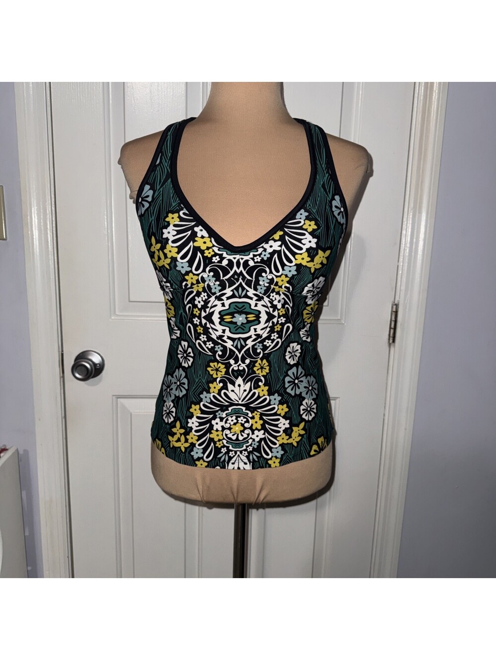 Athleta Swim Top Black Teal Yellow White Blue Padded Shelf Bra Racer Back XS 2/4